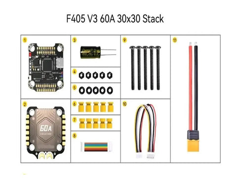 F405 V3 60A 30x30 stack components including All In One FPV Flight Controller And BLHeliS 60A Four In One ESC Stack For Freestyle Drones