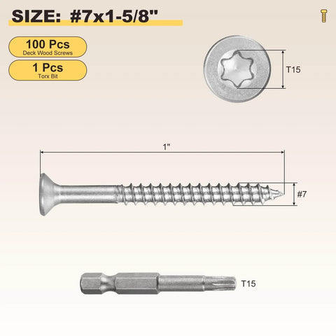 410 Stainless Steel Deck Screws Seven By One And Five Eighths Inch 100 Pack Torx T15 Drive Beefy Outdoor Wood Fasteners