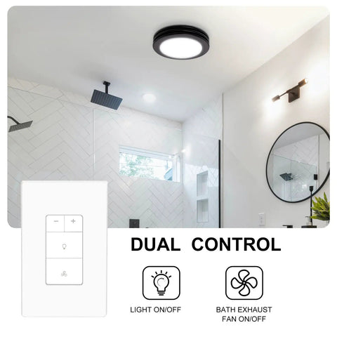 Dual Control Dimmer Switch for Exhaust Fan and Light, shown with bathroom setting and dual control features.
