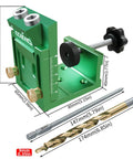 Precision Pocket Hole Jig With Two Hole Adjustable Angle Drill Guide For Woodworking, shown with measurements and bits