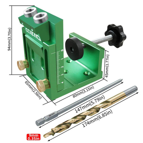 Precision Pocket Hole Jig With Two Hole Adjustable Angle Drill Guide For Woodworking, shown with measurements and bits