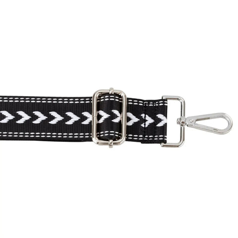 Snag This Wide Adjustable Crossbody Purse Strap For A Luxe Jacquard Weave Look And Solid Gold Hardware That Fits Your Fit And Elevates Your Everyday Carry Game Smoothly, featuring intricate black and white design with metal hardware.