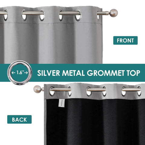 Total Blackout Bedroom Curtains With Thermal Liner, Light Gray 2 Panel Set, 52 By 95 Inches, Grommet Top, front and back view