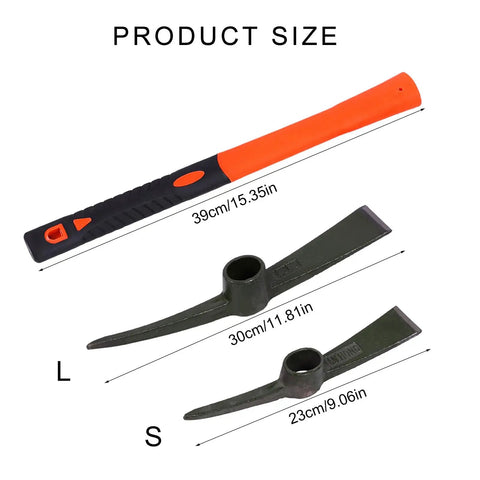 Heavy Duty Miniature Pick Mattock With Fiberglass Handle Garden Tool For Digging And Landscaping Perfect For Camping Compact Yet Durable With Heat Treated Core For Long Lasting Performance In The Field shown in different sizes with a 15.35-inch handle.