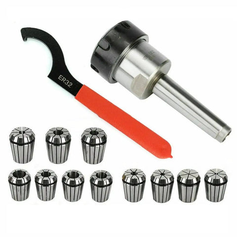 11 Piece ER32 Collet Set With MT2 Shank For Milling Machines Pro Grade Precision 0.0005 Tolerance Hardened Alloy