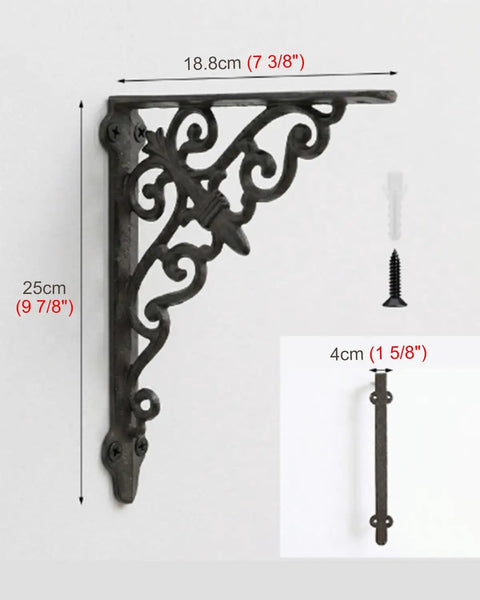 Rock Solid Vintage Cast Iron Shelf Brackets With Ornate European Scroll Design And Heavy Duty Floating Wall Mount Support, 18.8cm x 25cm.