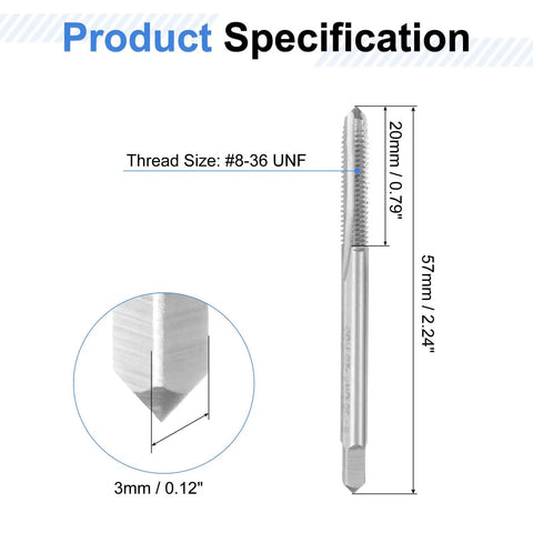 Kickass High Speed Steel Hand Tap Set For Number 8-36 Unf Threads, showing thread size and taper cut design details.