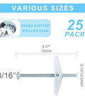 Image of Heavy Duty Drywall Anchors And Screws Kit With Toggle Bolts And Wing Nuts For Hanging Lamps And Heavy Stuff 25 Pack Three Sixteenth Inch Assortment Set For Solid Mounts showing a 3/16 inch toggle bolt with dimensions.