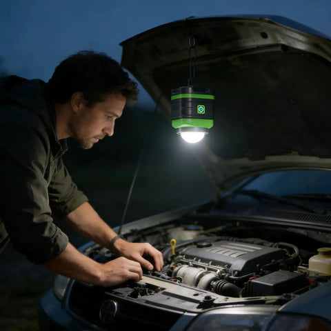 LED Camping Lantern Battery Powered Lights Portable Lanterns For Emergency Power Outages Hurricanes Outdoor Hiking And Survival Gear Home Use 2 Pack All Weather Ready hung under car hood for repair
