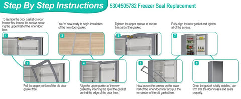 5304505782 Freezer Seal Replacement Instructions, showing gasket installation steps for Frigidaire and Electrolux freezers.