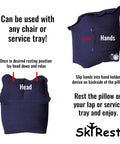 Backside of Inflatable Head And Neck Travel Pillow with pocket and hand holder, fits on lap or tray, shown in blue.