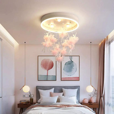 Fairy LED Ceiling Light With Romantic Glow, Stepless Dimming, And Remote Control Chandelier in pink kids room setting