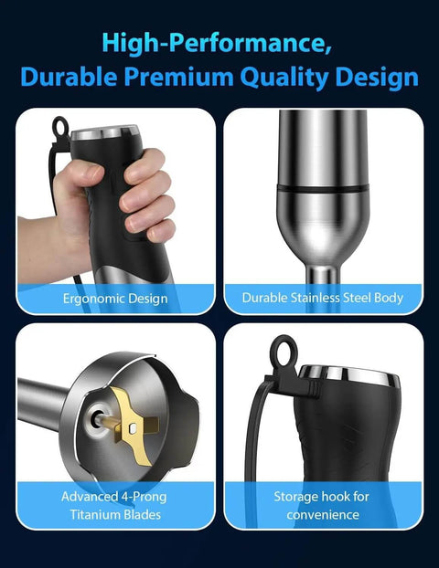 1000W Corded Handheld Immersion Blender With Twenty Five Speed Settings And Stainless Steel Blades ergonomic design and titanium blades