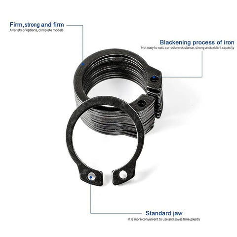 30Pcs Heavy Duty Carbon Steel External Circlip Retaining Rings C-Style Snap Rings For Shaft Maintenance showing a stack of rings and one circular ring.
