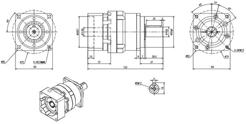 Rugged And Ready Helical Planetary Gearbox Reducer dimensions and angles, designed for 60mm 200W AC Servo Motor, with an 11mm input shaft.