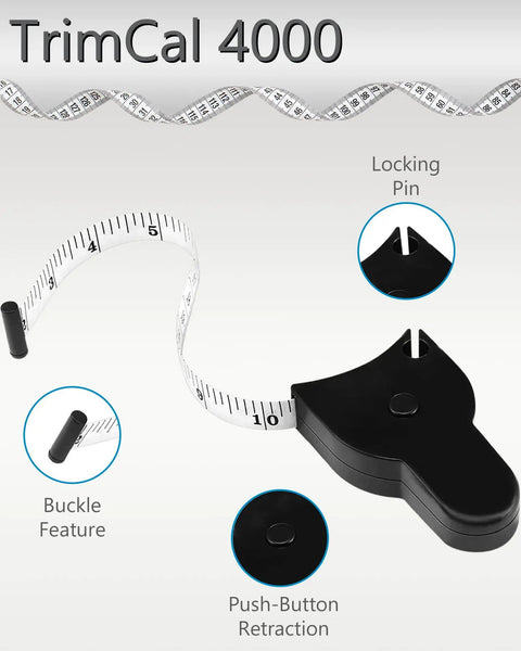 Trimcal 4000 Must Have Body Fat Caliper Kit with Measuring Tape showing locking pin, buckle feature, and push-button retraction