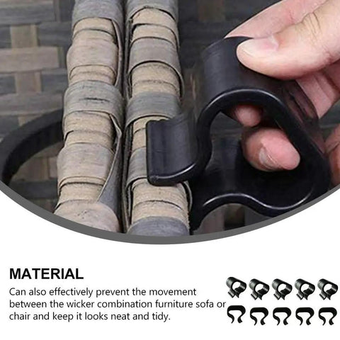Hand holding Outdoor Furniture Clips and Patio Sofa Alignment Clamps Black Rattan Sectional Connectors 10 Piece Set