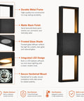 Modern Outdoor Wall Sconce 2 Pack, Up Down LED Light, 3000K, Hardwired with matte black finish and frosted glass shade.