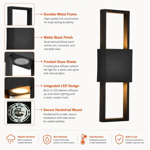 Modern Outdoor Wall Sconce 2 Pack, Up Down LED Light, 3000K, Hardwired with matte black finish and frosted glass shade.