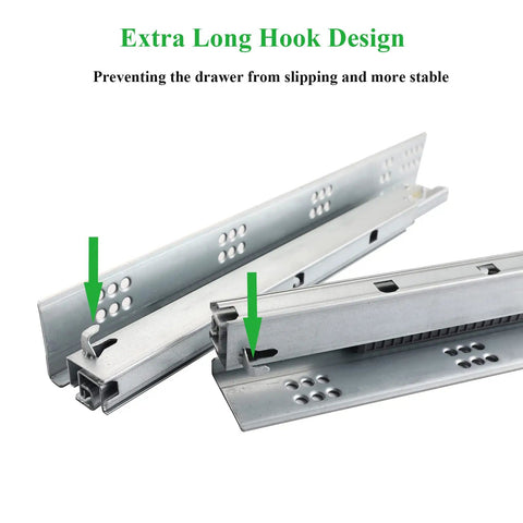 21 Inch Undermount Soft Close Drawer Slides Full Extension Heavy Duty Cabinet Hardware Six Pair Set showcasing extra long hook design.