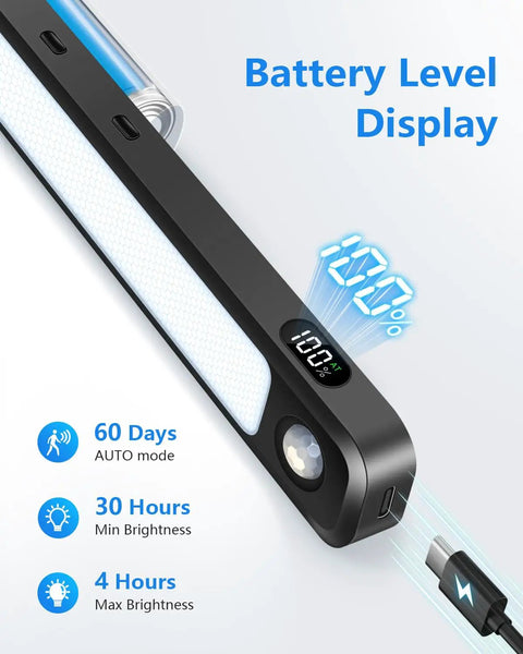 5W Motion Sensor LED Light Bar For Under Cabinet And Closet, Rechargeable 2500mAh With Battery Display showing 100%
