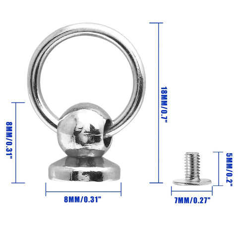 Rock Solid 60 Pack 8mm Screwback Round Head Rivets With Compact Install Screwdriver Tough As Nails Zinc Alloy Silver Fasteners That Lock Down Tight For Garage Grind And Craft Jobs Bang For Your Buck showing dimensions of a rivet with ring and screw.