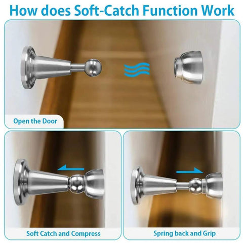 Magnetic Door Stop With Soft Catch, Holds Doors Open Without Slamming, Wall Mount, Stainless Steel Brushed Satin Nickel Chrome Finish, Durable, Quiet, Easy Install, Ideal For Pets And Kids, 1 Pack in demonstration of soft-catch function