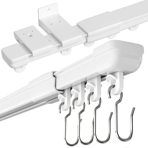Heavy Duty Aluminum Curtain Track Set For Ceiling Or Wall Mount With Sliding Rail And Hooks, Adjustable 3ft To 9ft Length, Built To Handle Grommet Or Pleated Drape, RV Ceiling Track, white track with hooks