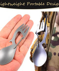4 In 1 Stainless Steel Spoon Fork With Carabiner And Bottle Opener, Lightweight Survival Tool For Hiking And Camping, Easy To Pack Go To EDC Gear For Outdoors, 2 Pack shown with backpack