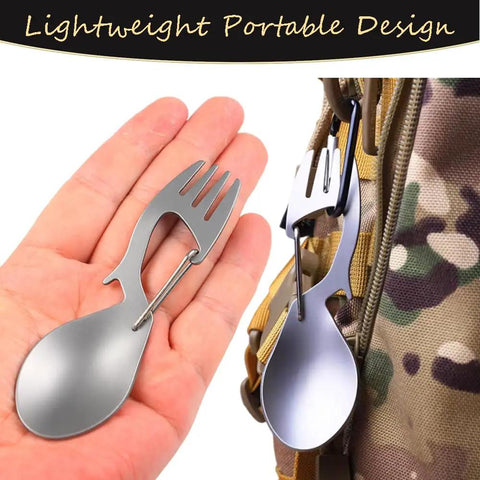 4 In 1 Stainless Steel Spoon Fork With Carabiner And Bottle Opener, Lightweight Survival Tool For Hiking And Camping, Easy To Pack Go To EDC Gear For Outdoors, 2 Pack shown with backpack
