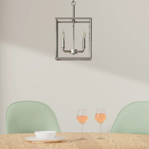 Farmhouse Style 4 Light Lantern Cage Pendant For Kitchen Island With Wood And Brushed Nickel Finish, Adjustable Hanging Length