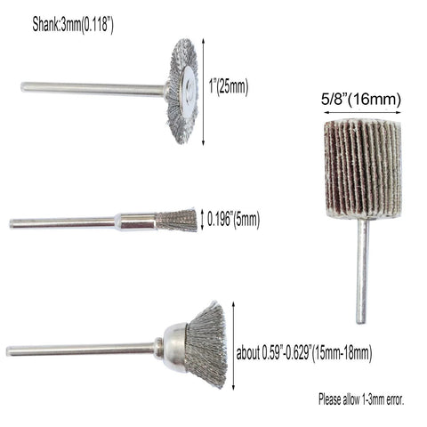 Yutnqin 69-piece rotary tool accessory set with 3 mm shanks: abrasive wheel, buffing wheel, and wire brushes