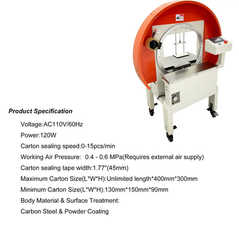 No Sweat Cross Shape Full Circle Case Sealer Machine 0 To 15 Pcs Min Electric Cart Taping Dispenser For Small Business Shipping Heavy Duty Servo Control 110V with orange sealing arch and control panel.