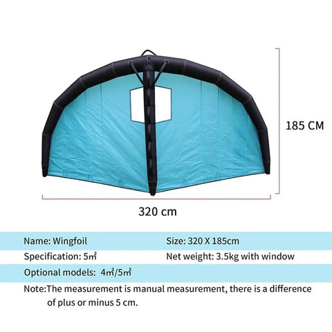 Inflatable Foil Wing For Wind Wing Foiling, 5m2 Handheld Wing With Window Design, blue wing dimensions 320x185 cm.