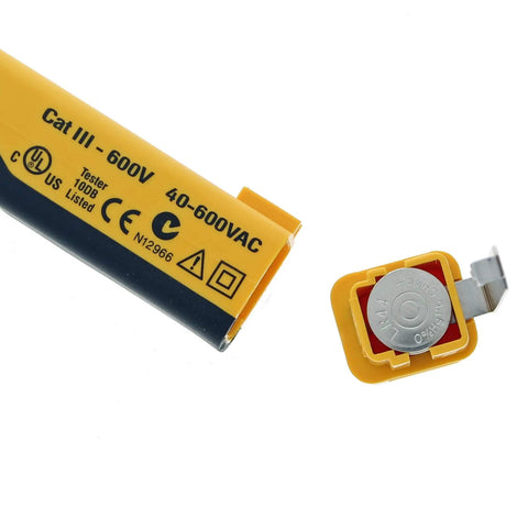 Top Shelf Non Contact Voltage Tester Picks Up 40 To 600 Vac showing yellow casing and battery, ideal for electricians.