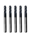 Five Pack Quarter Inch Ball Nose Carbide End Mills ALTiN Coated, Four Flute CNC Milling Bits, front view
