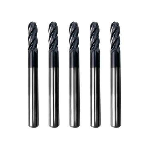 Five Pack Quarter Inch Ball Nose Carbide End Mills ALTiN Coated, Four Flute CNC Milling Bits, front view