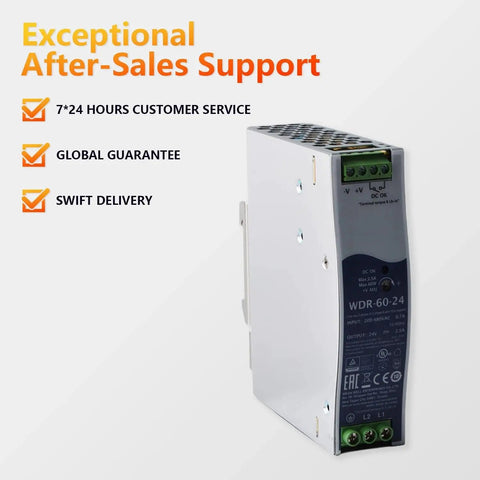 Heavy Duty Industrial Din Rail Power Supply 60 Watt 24 Volt 2.5 Amp side view with connection terminals and safety features.