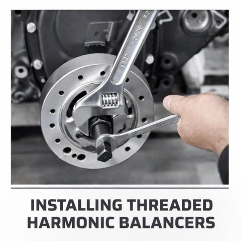 Harmonic Balancer And Pulley Installer Tool Kit 33 Piece Set being used for crankshaft removal and install with wrench