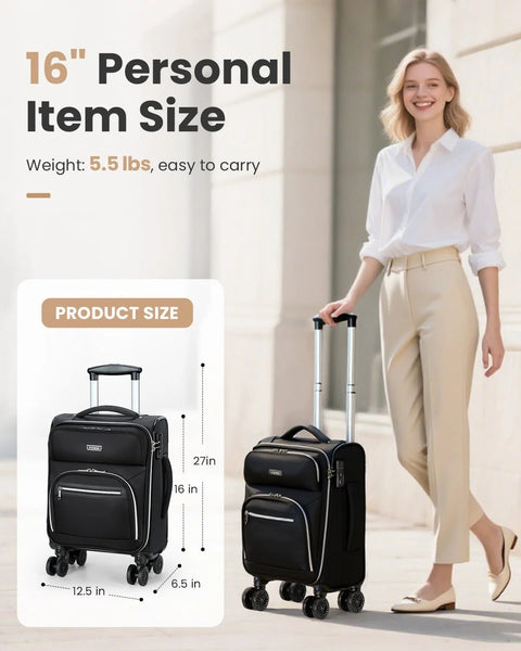 Sydioor 16-inch underseat carry-on luggage with wheels, black softside
