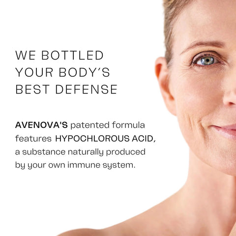 Eyelid and eyelash cleanser spray by Avenova; half-portrait of a smiling woman on the right with left-side text