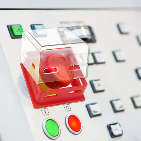 Emergency Stop Button Cover Box Type Transparent Guard Lockout For Pro Grade Machinery, Rugged Large Push Button Shield That Prevents Accidental Activations And Keeps Your Crew Safe Industrial Stop Switch Box Protector For Heavy Equipment. Transparent PC cover on red stop button