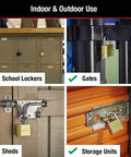 Brass Resettable Four Digit Padlock for Indoor and Outdoor Use securing lockers, gates, sheds, and storage units.