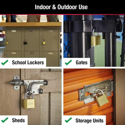 Brass Resettable Four Digit Padlock for Indoor and Outdoor Use securing lockers, gates, sheds, and storage units.