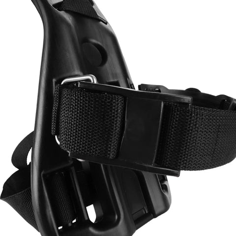 Close-up of Dive Ready Diving Tank Backpack For Scuba Gear Adjustable Tank Holder showing black strap and buckle.