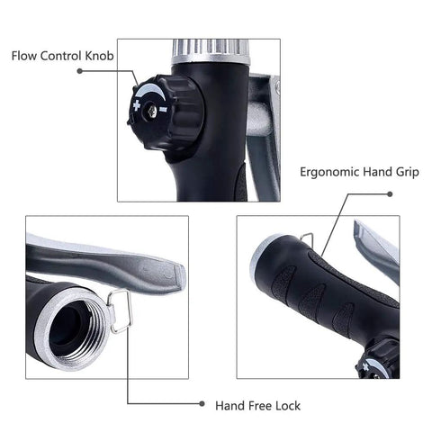 Close-up of Watering Wand Sprayer features: flow control knob, ergonomic hand grip, stainless head with 24 inch reach for plants.