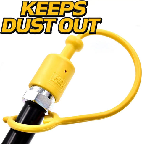Hydraulic Quick Coupler Dust Cap And Heavy Duty Plug Set For Three Eighths ISO Kubota Tractors And Attachments, yellow cap on hose