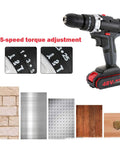 Built Tough Cordless Drill And Driver Kit With Battery Charger Percussion Impact Wrench showing 25-speed torque adjustment and various materials.