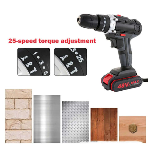 Built Tough Cordless Drill And Driver Kit With Battery Charger Percussion Impact Wrench showing 25-speed torque adjustment and various materials.