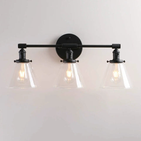 Three Light Dope Vintage Industrial Wall Sconce with funnel flared clear glass shade in black finish E26 base bulb not included